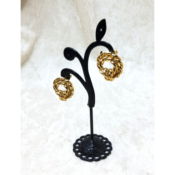 Vintage Monet Gold-Tone Twisted Rope Circle push back Earrings - Picture 3 of 4